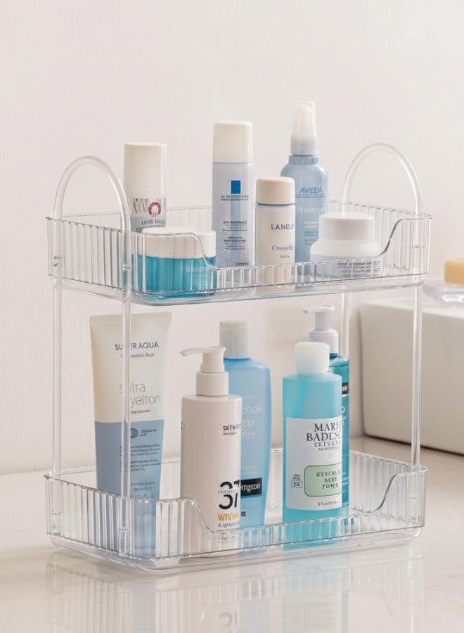 منظم أكريليك 2 دور قابل للتكديس، رف تخزين متعدد الاستخدامات لتوفير المساحة وتنظيم مستحضرات التجميل والعطور وأدوات المطبخ، تصميم عصري مناسب للحمام والمطبخ وسطح الطاولة، مقاس 30×17 سم-شفاف - Image 2